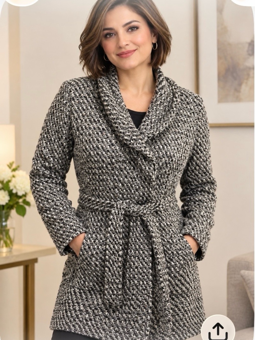 Cozy Shawl-Collar Women's Sweater Coatigan - Black & White